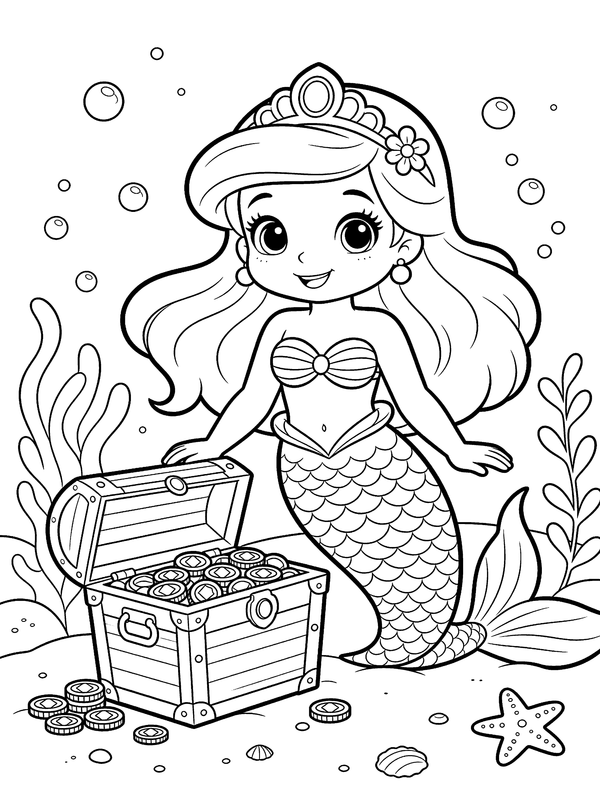Mermaid with a Treasure Coloring Page – free printable black and white line art
