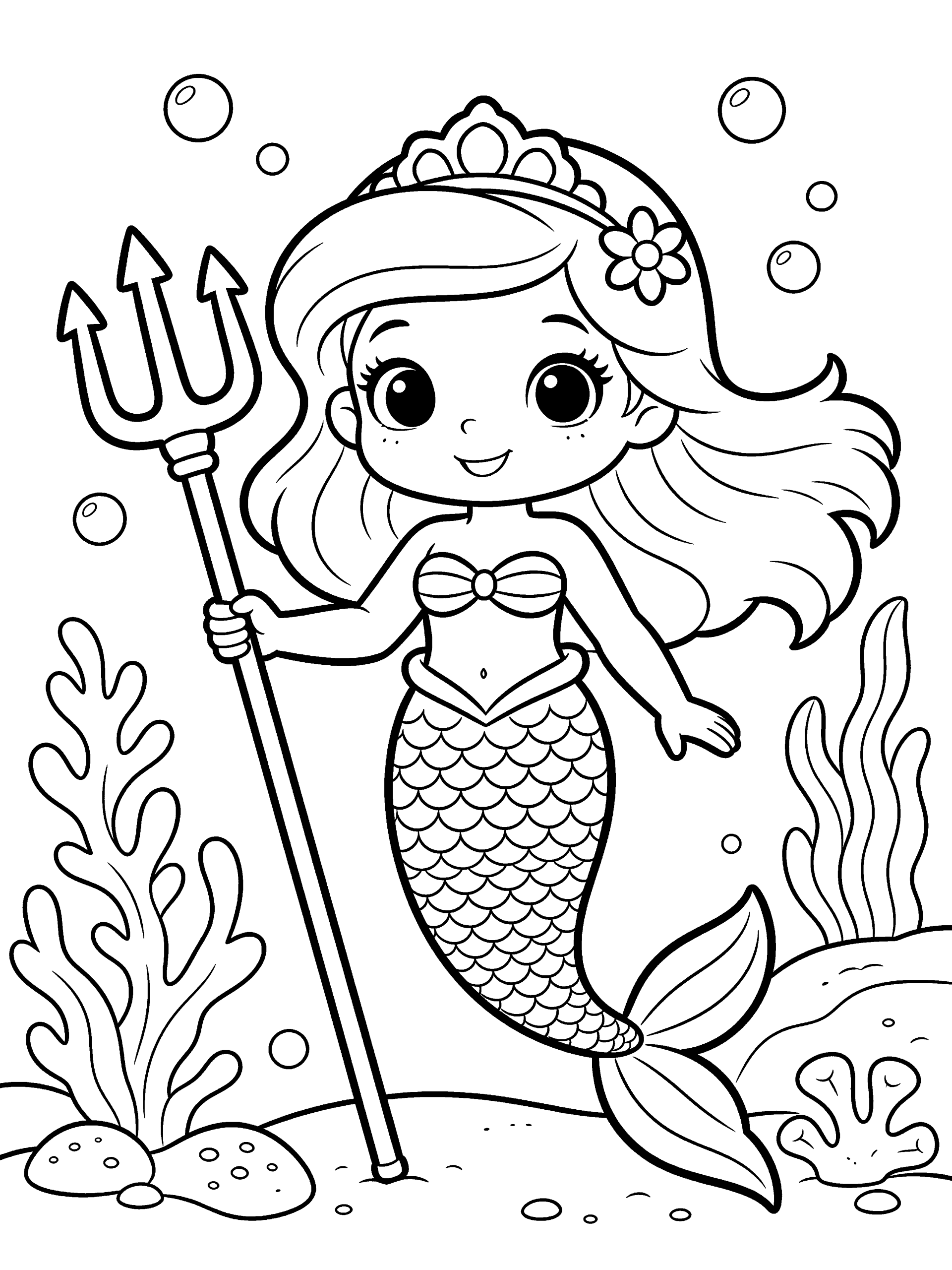 Mermaid with a Trident Coloring Page – free printable black and white line art