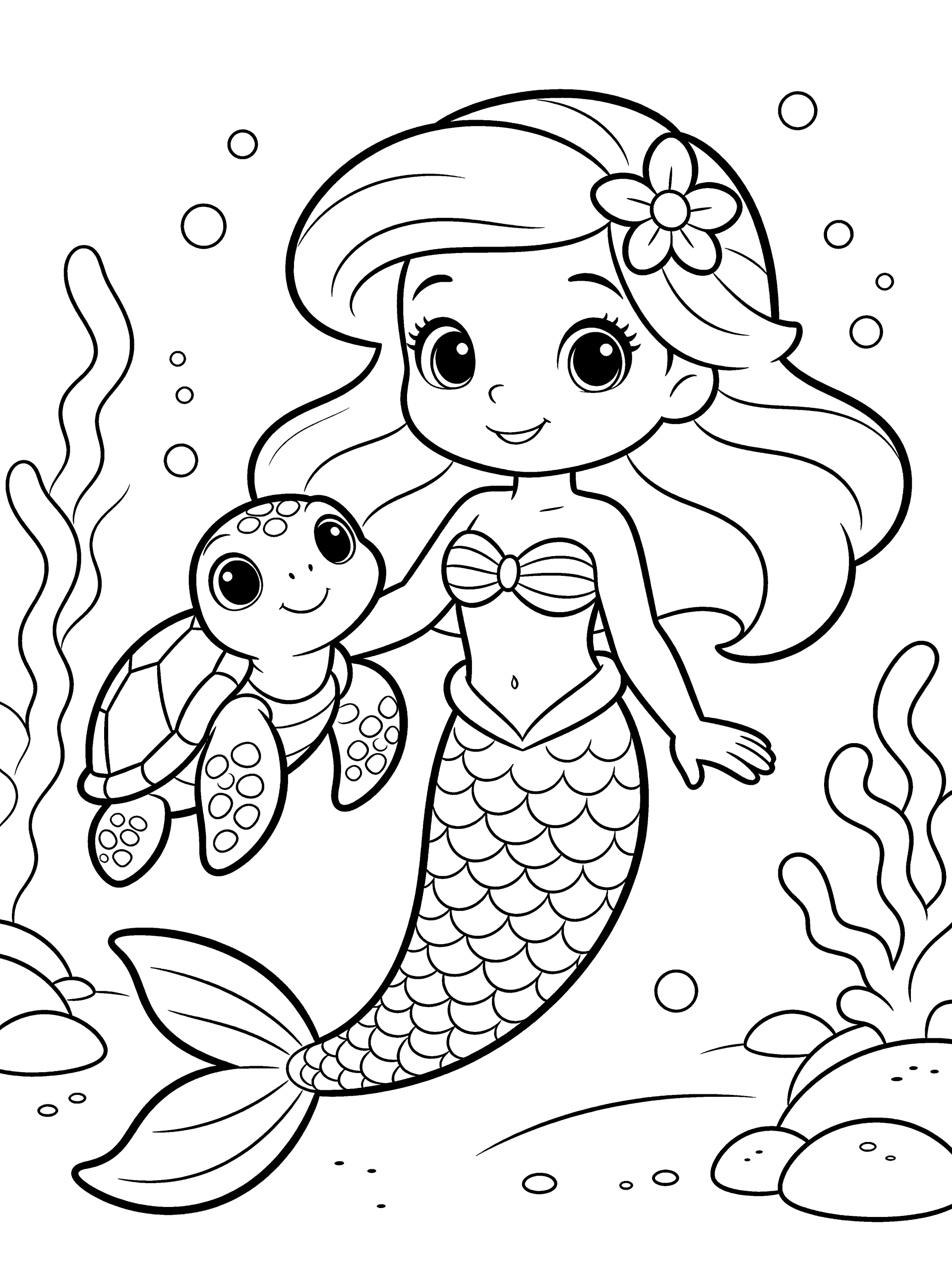 Mermaid with a Turtle Coloring Page – free printable black and white line art