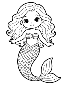 Mermaid with Long Wavy Coloring Page – free printable black and white line art