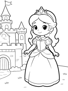 Princess Beside a Castle Coloring Page – free printable black and white line art