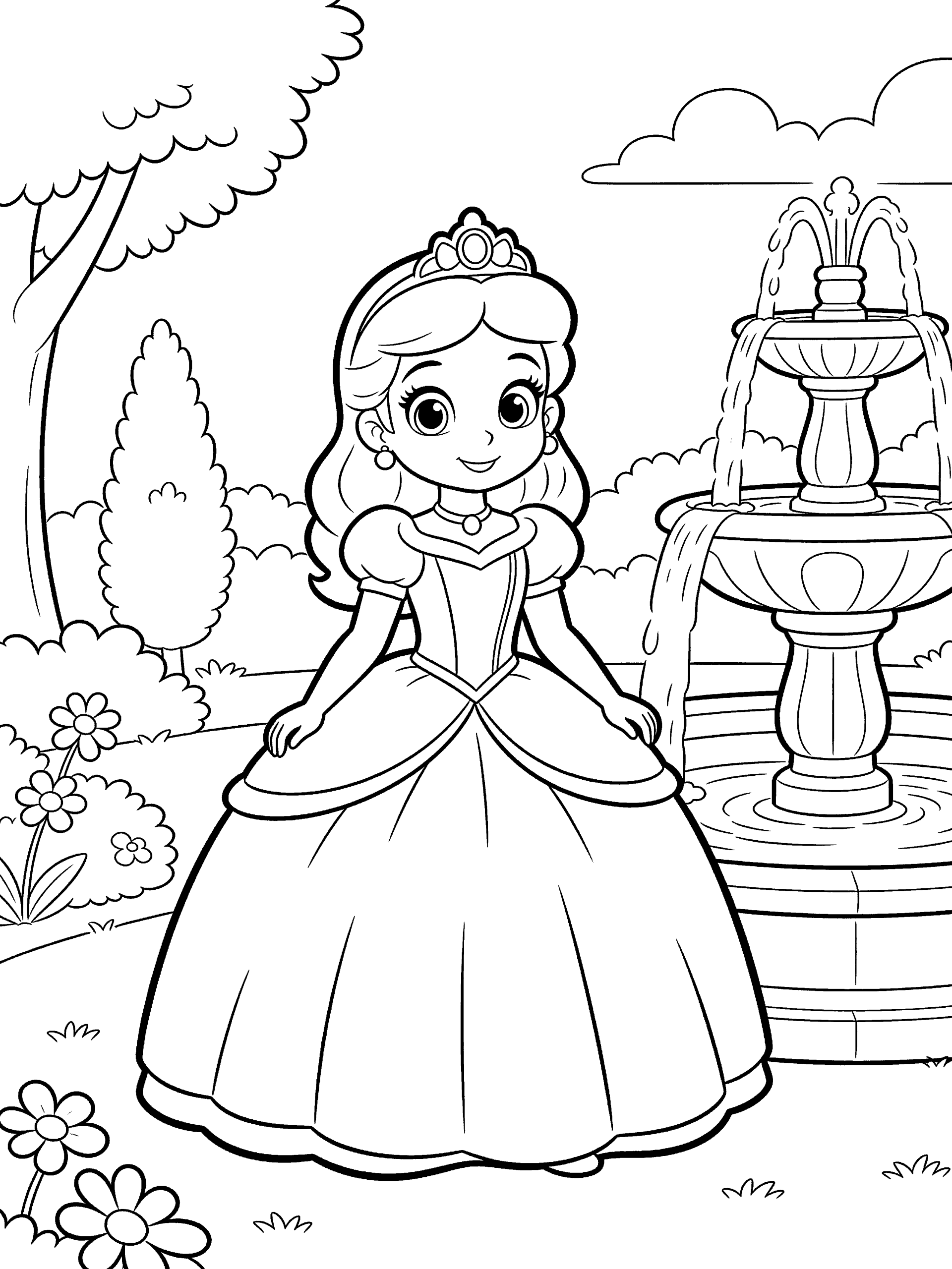 Princess by a Fountain Coloring Page – free printable black and white line art