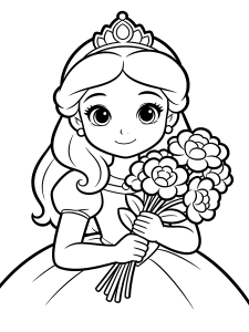 Princess Holding Flowers Coloring Page – free printable black and white line art