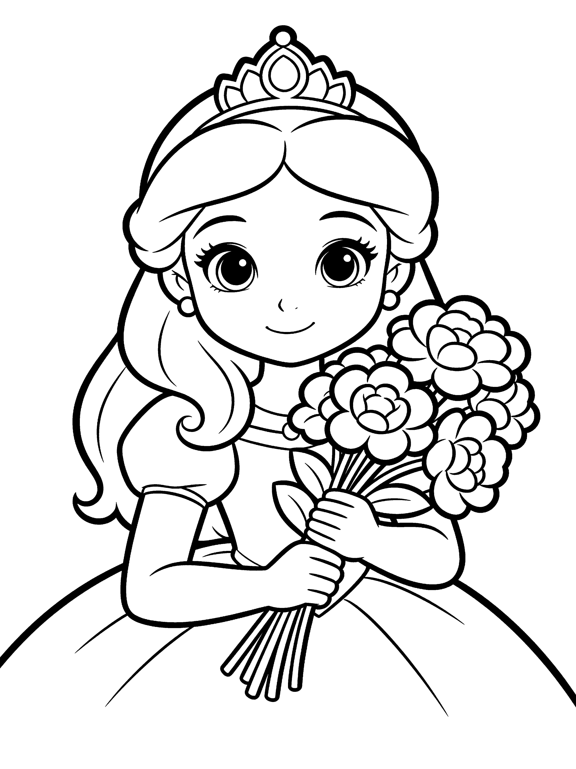 Princess Holding Flowers Coloring Page – free printable black and white line art