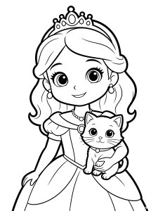 Princess with a Pet Coloring Page – free printable black and white line art