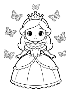 Princess with Butterflies Coloring Page – free printable black and white line art