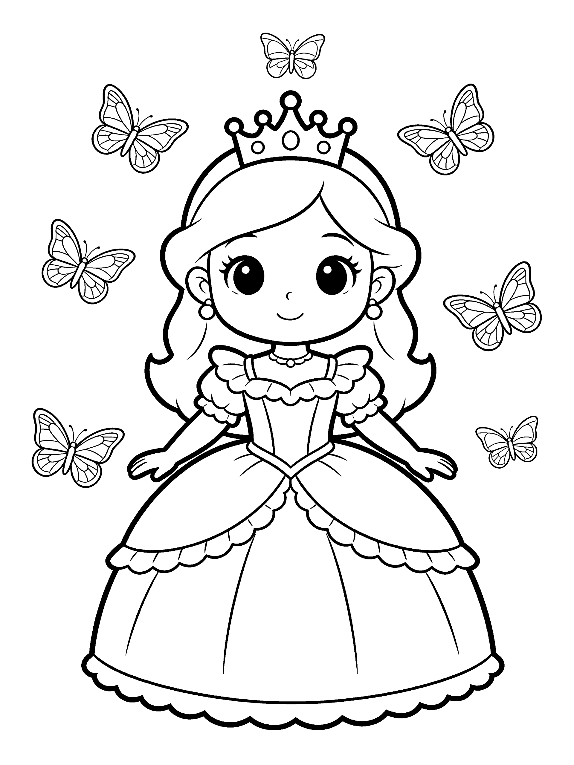 Princess with Butterflies Coloring Page – free printable black and white line art