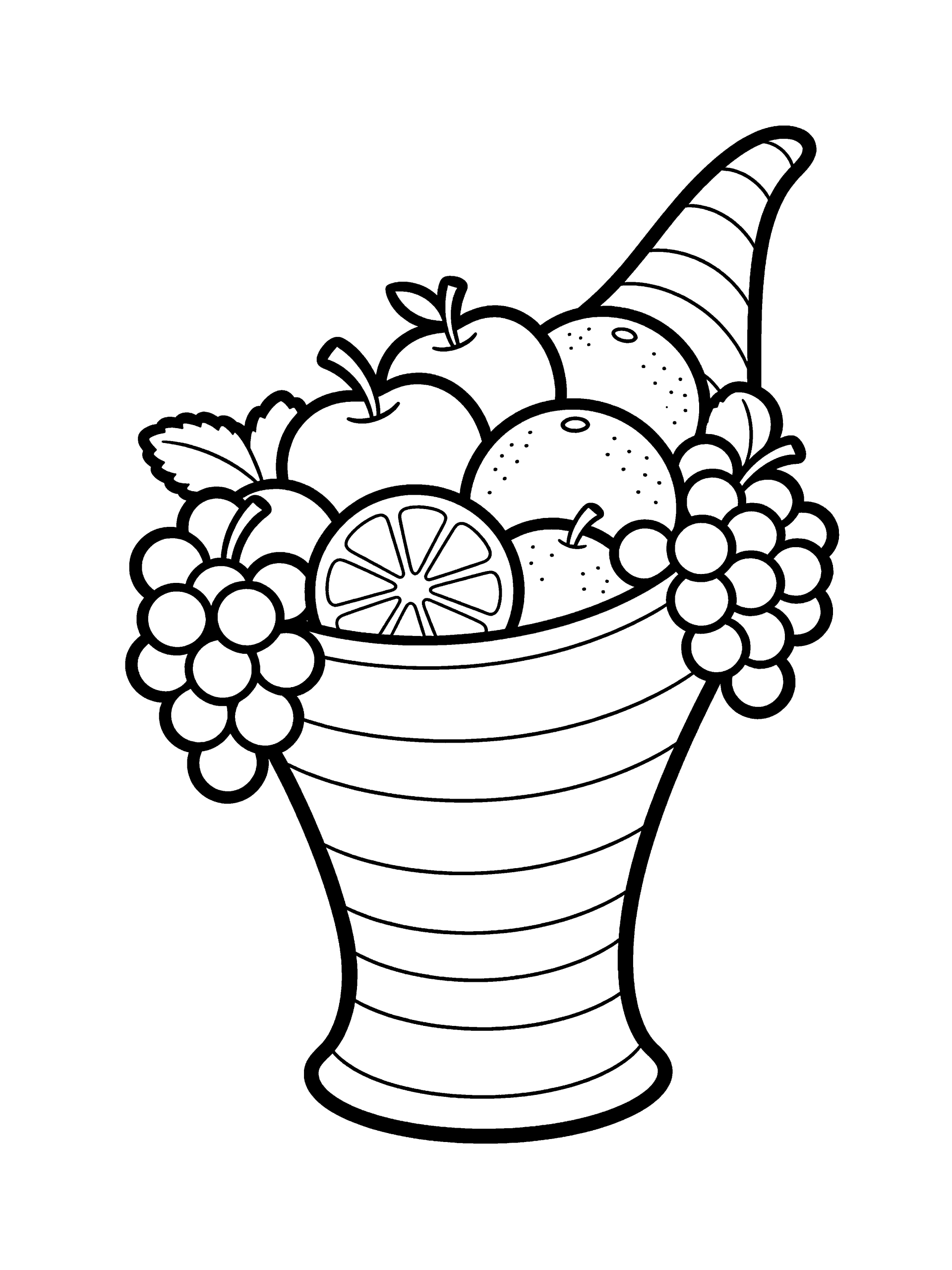 Thanksgiving Cornucopia with Fruit Coloring Page – free printable black and white line art