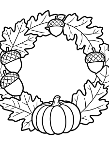 Thanksgiving Fall Wreath Coloring Page – free printable black and white line art