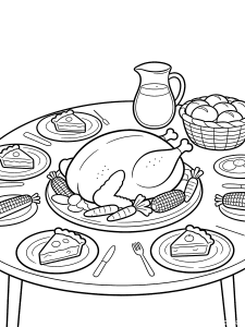 Thanksgiving Thanksgiving Feast Table Coloring Page – free printable black and white line art
