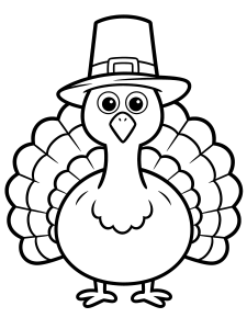 Thanksgiving Turkey Wearing a Coloring Page – free printable black and white line art