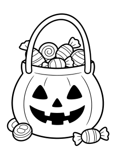 Trick or Treat Bag Coloring Page – free printable black and white line art