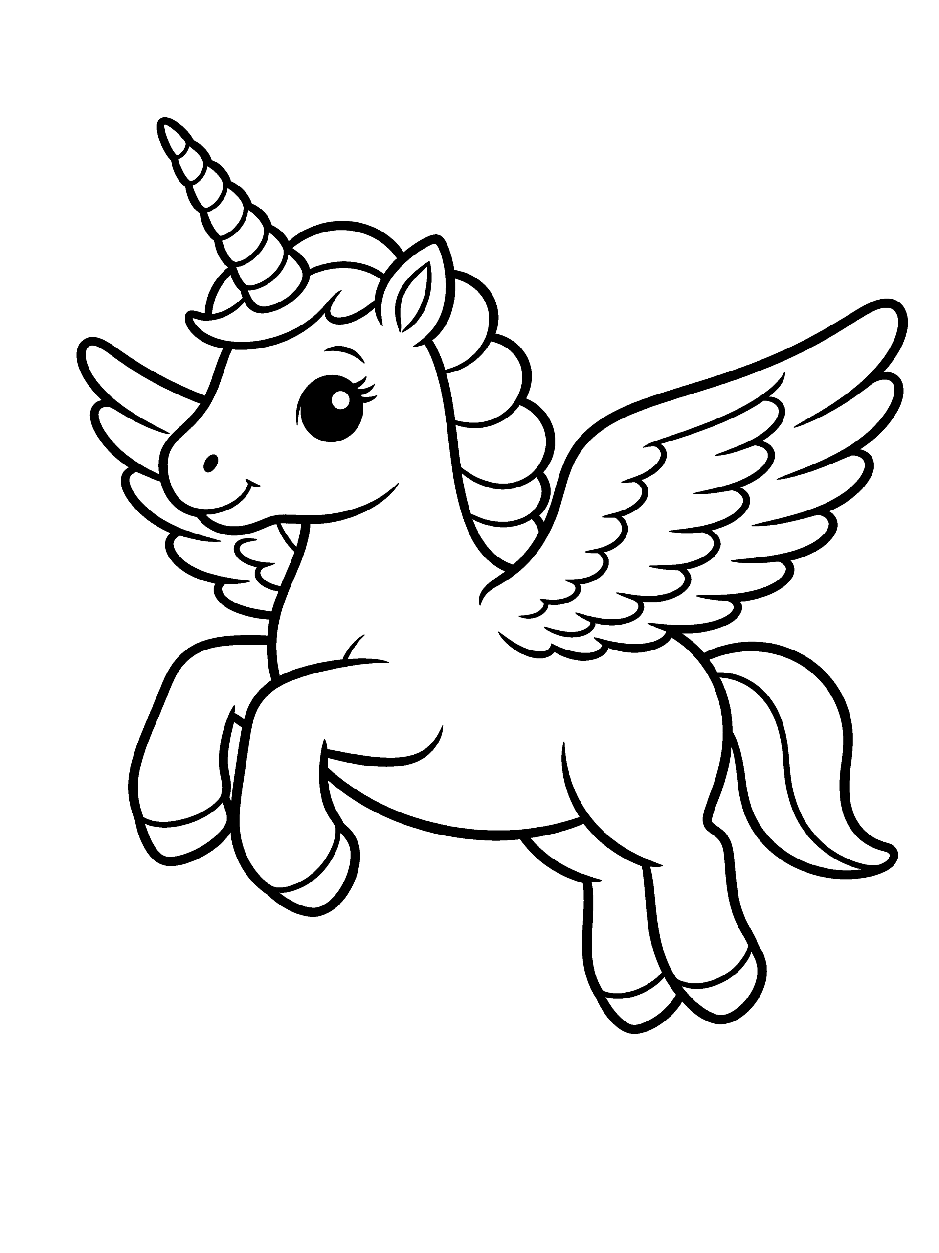 Unicorn Flying with Wings Coloring Page – free printable black and white line art