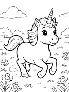 Unicorn Running in a Coloring Page – free printable black and white line art