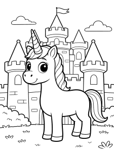 Unicorn Standing by a Coloring Page – free printable black and white line art