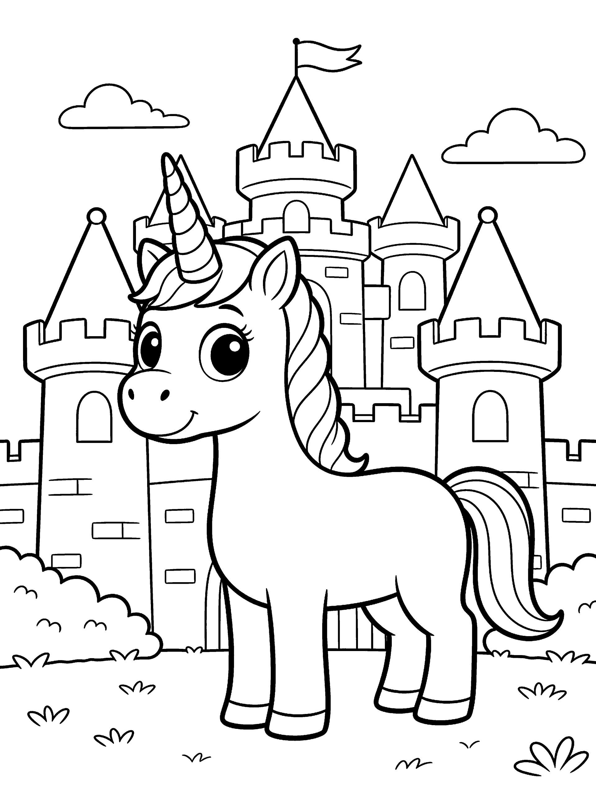 Unicorn Standing by a Coloring Page – free printable black and white line art