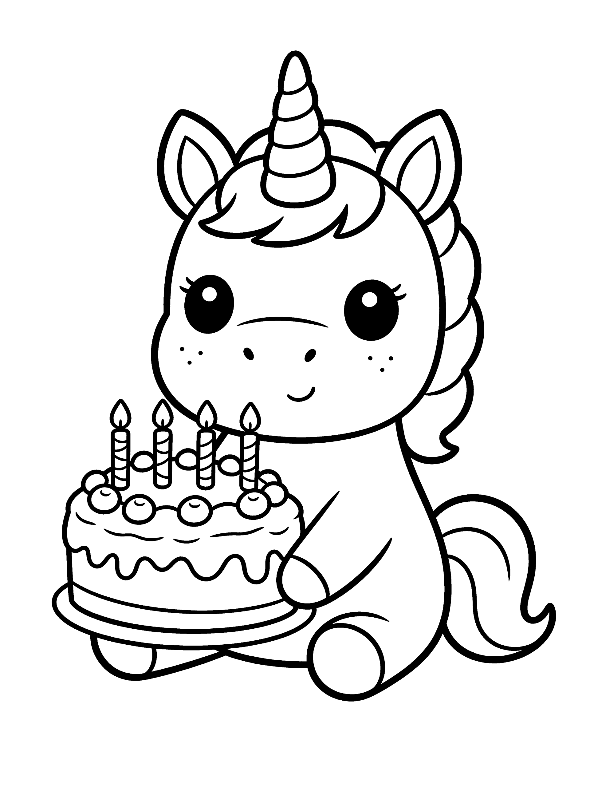 Unicorn with a Birthday Coloring Page – free printable black and white line art