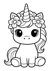 Unicorn with a Flower Coloring Page – free printable black and white line art