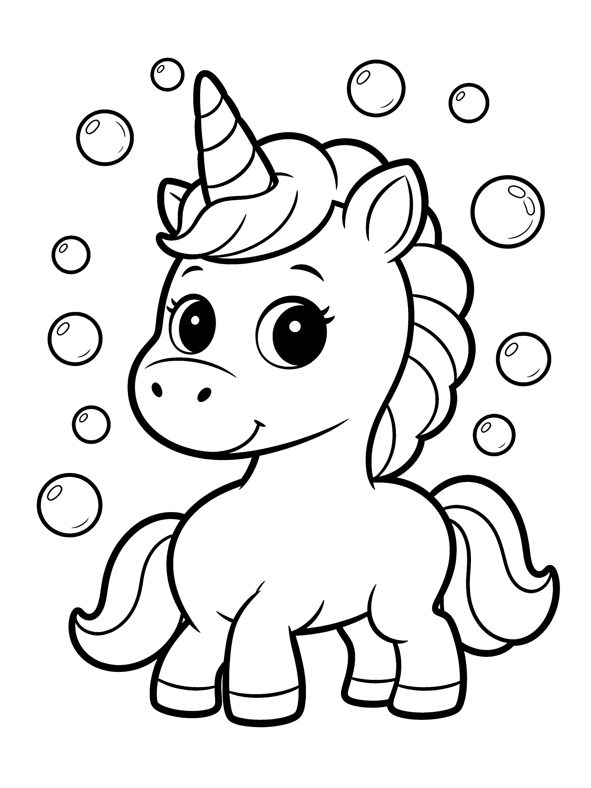Unicorn with Bubbles Coloring Page – free printable black and white line art