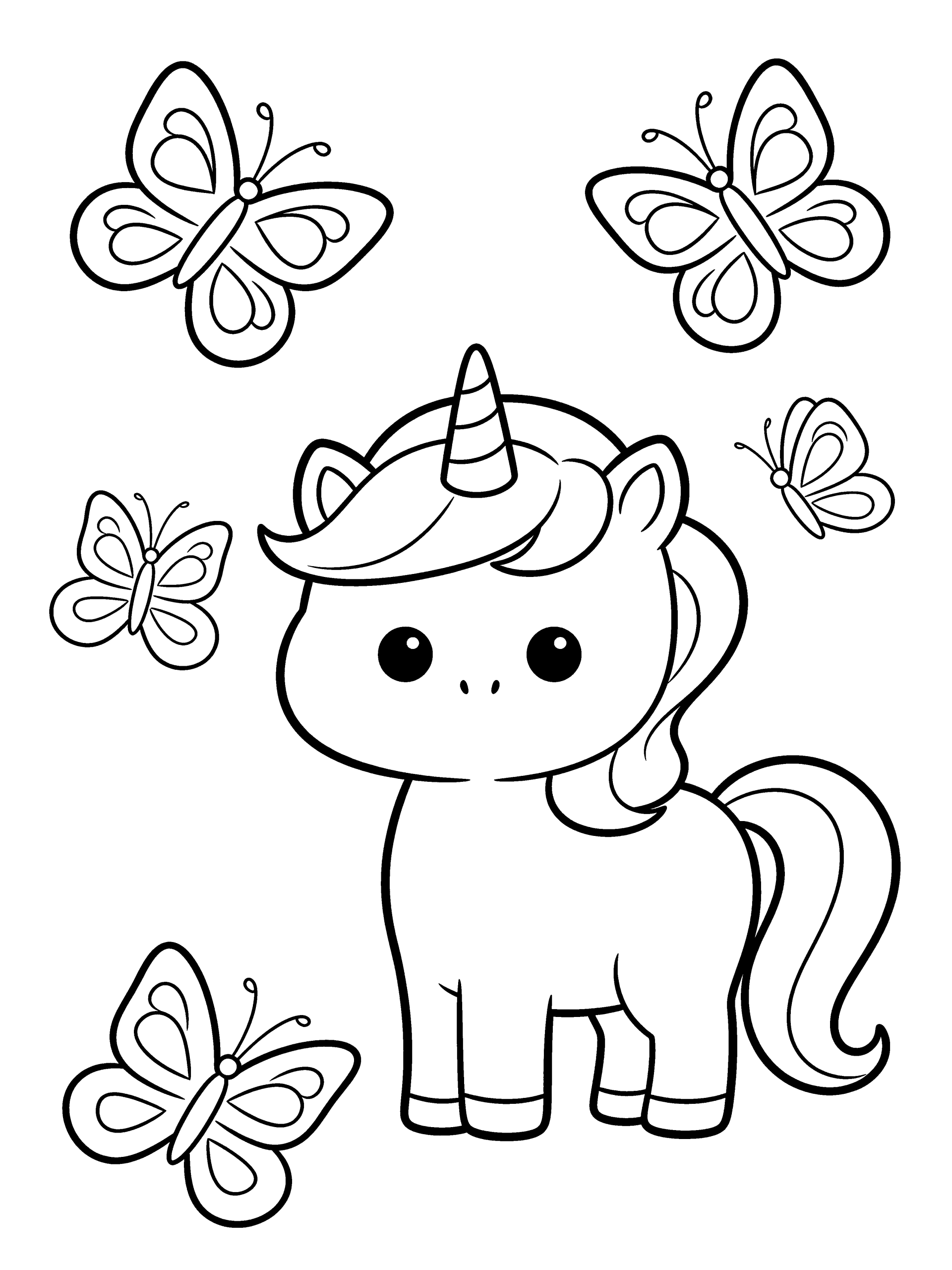 Unicorn with Butterflies Coloring Page – free printable black and white line art