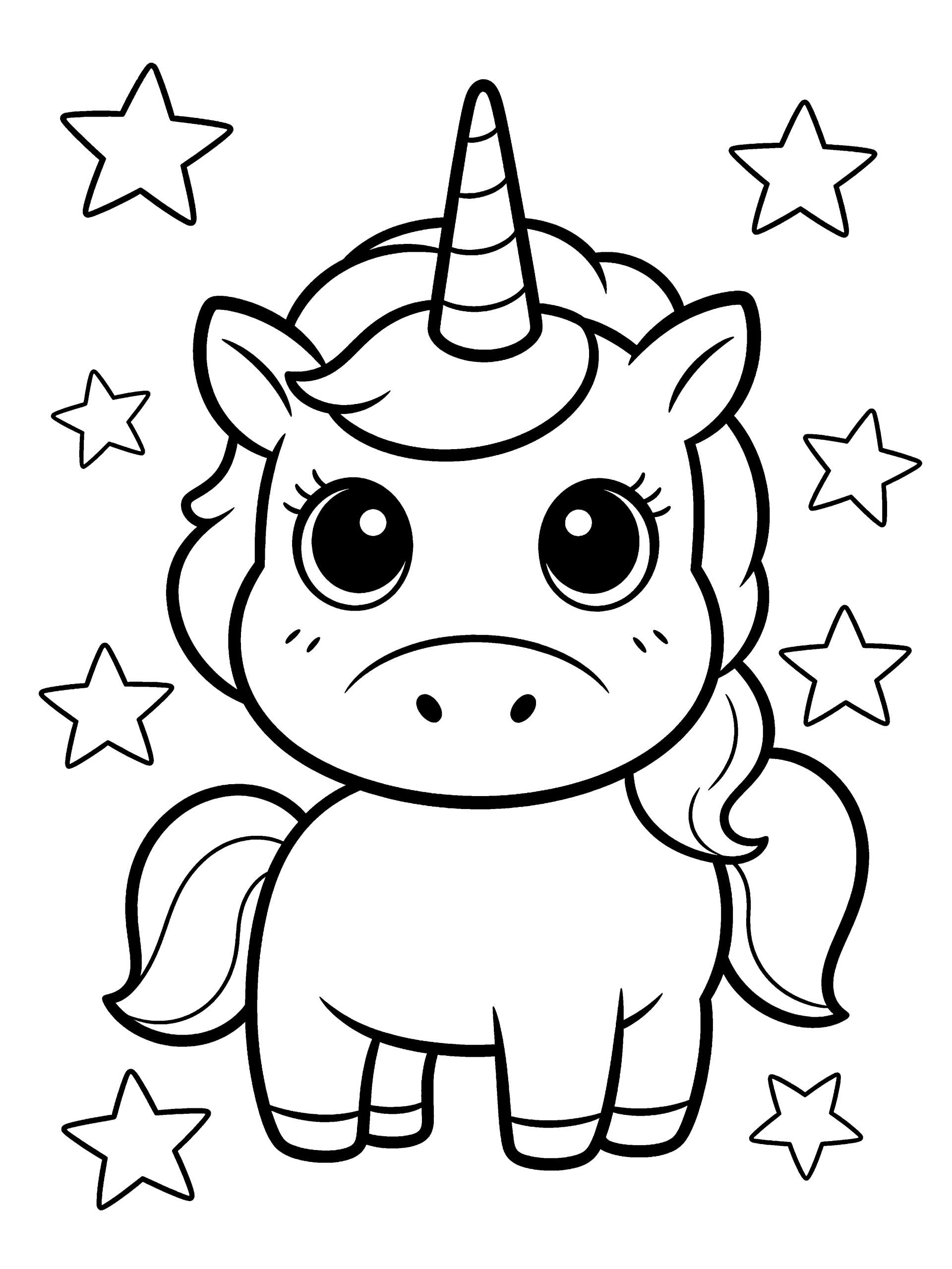 Unicorn with Stars Around Coloring Page – free printable black and white line art