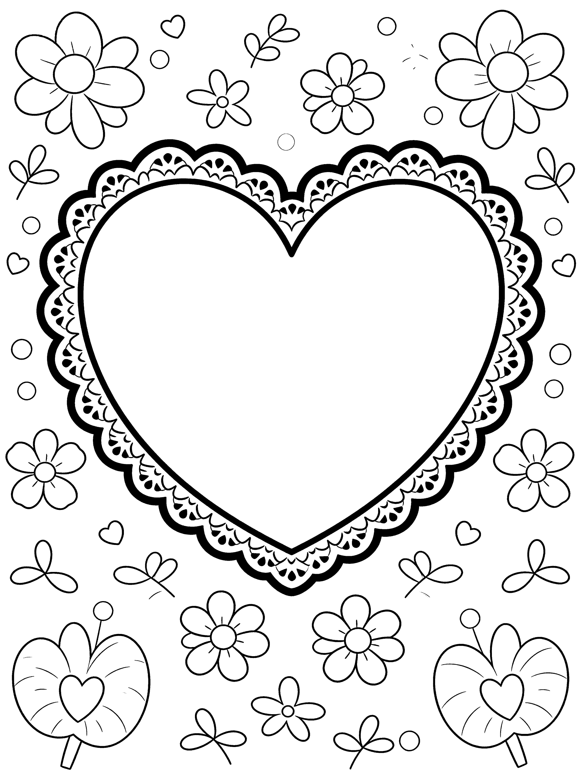 Valentine Heart with Lace Coloring Page – free printable black and white line art
