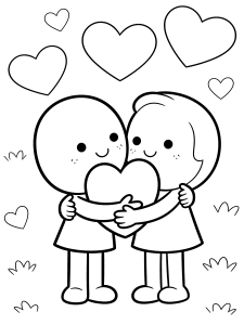 Valentine Hugging Hearts Coloring Page – free printable black and white line art