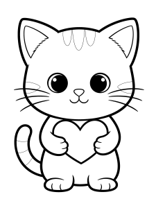 Valentine Kitten with a Coloring Page – free printable black and white line art