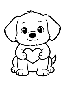 Valentine Puppy Holding a Coloring Page – free printable black and white line art